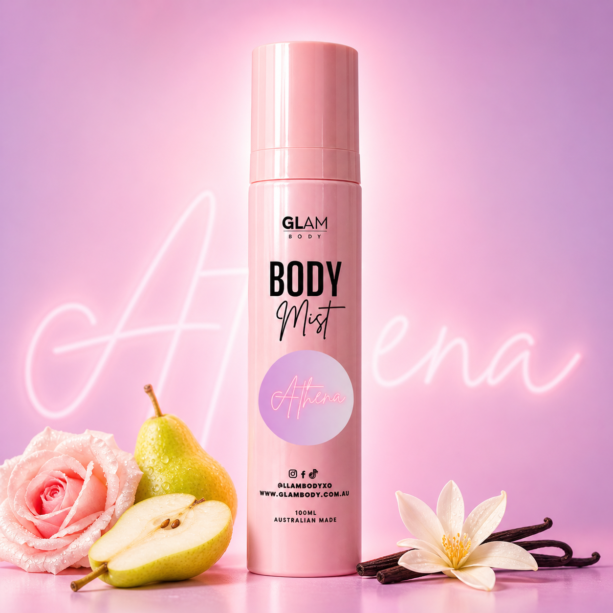 Pink 'GLAM BODY' body mist bottle with floral and fruit elements on a pink background