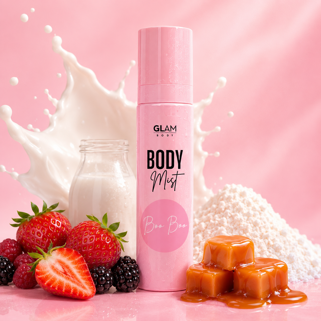 Pink 'GLAM BODY' mist bottle with strawberries, milk, and caramel on a pink background