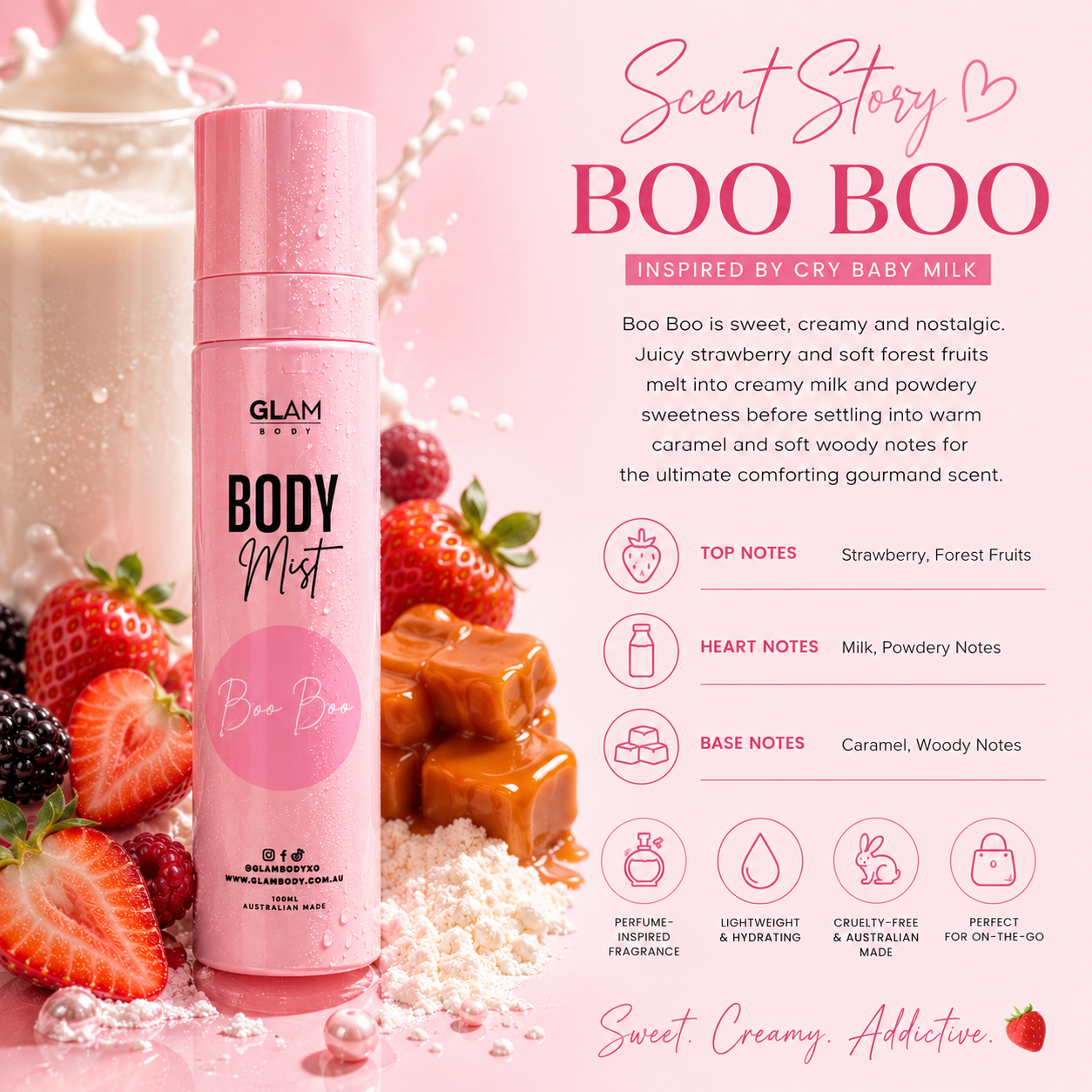 Pink body mist labeled 'Boo Boo' with ingredients and description on a pink background