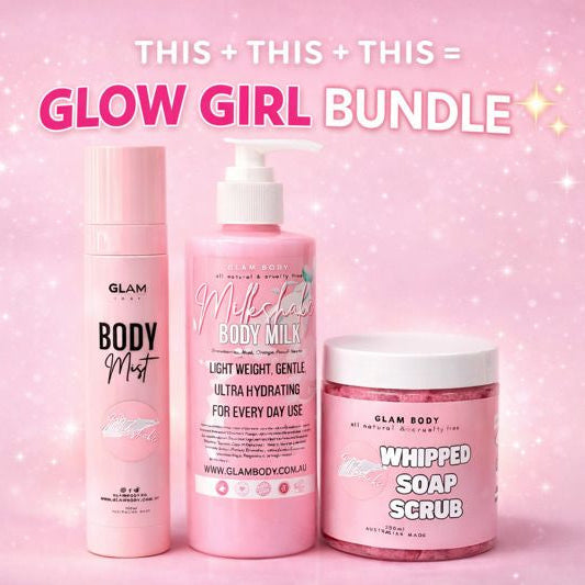 Glow Girl Bundle with skincare products on a pink background
