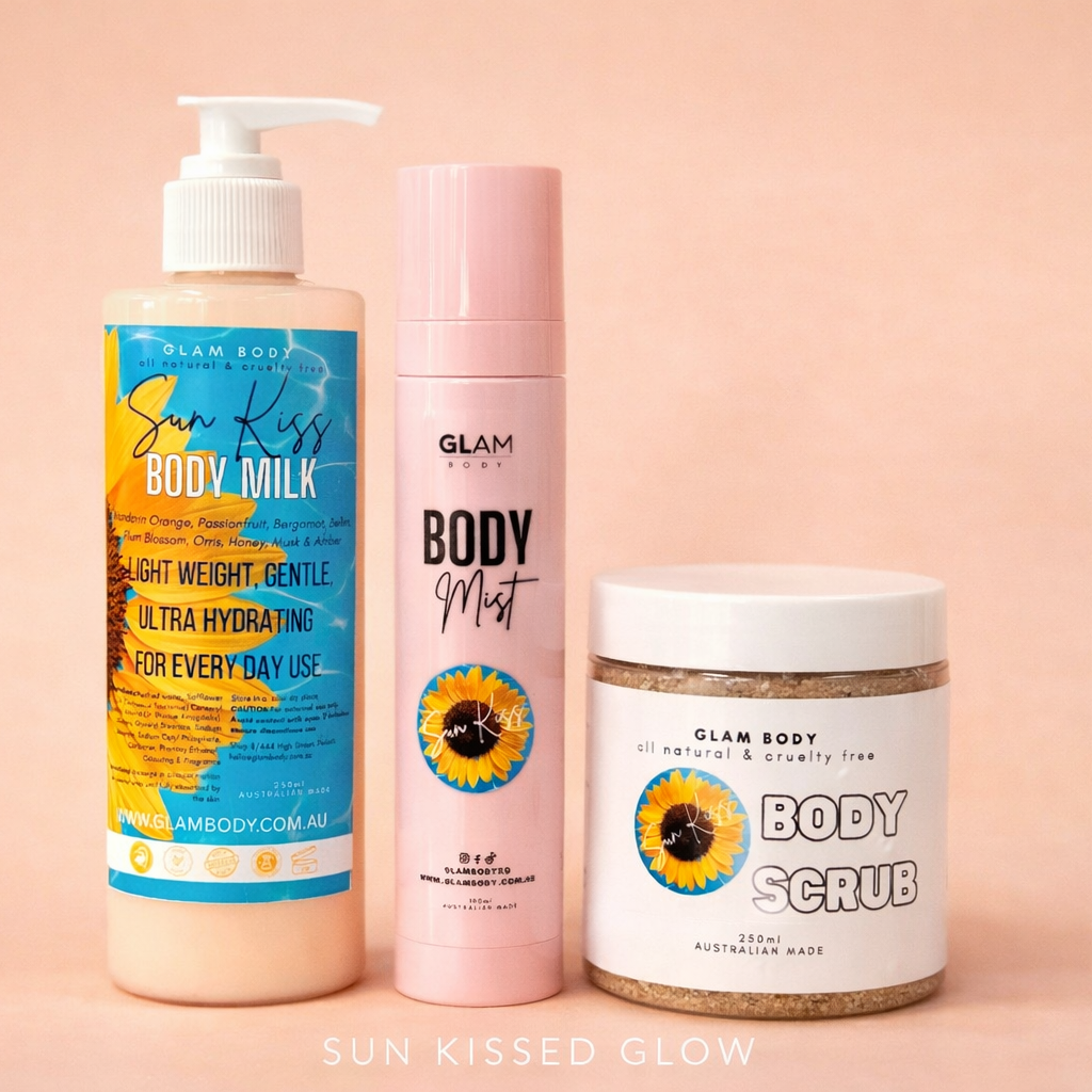 Three skincare products from Glam Body on a peach background