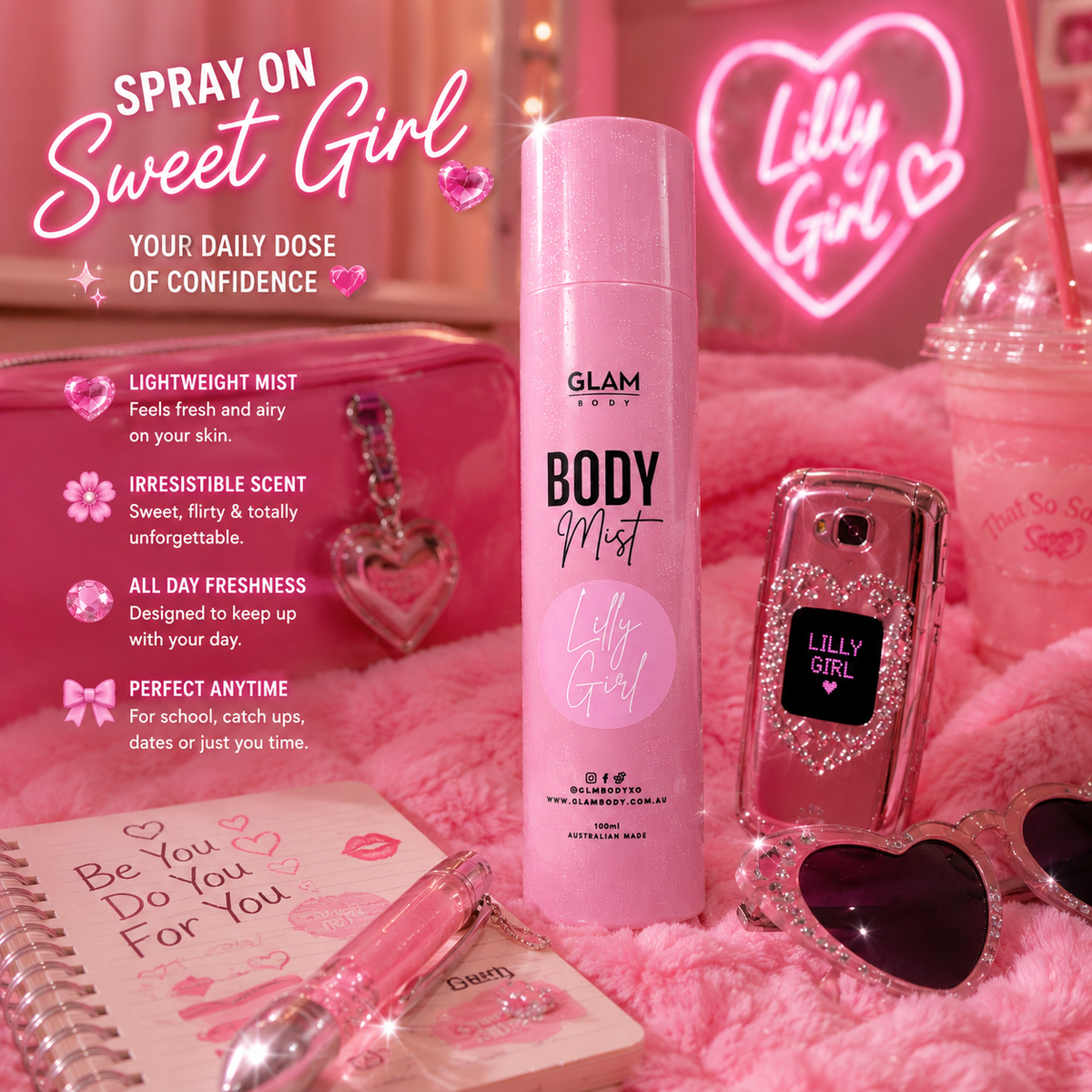 Pink 'Lilly Girl' body mist with accessories on a pink background