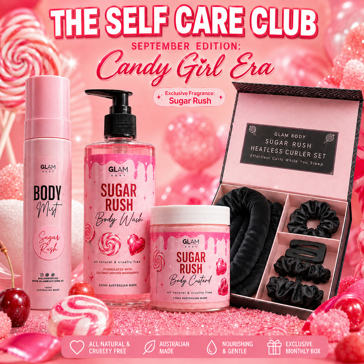Glam Body 'Sugar Rush' self-care bundle featuring a pink Body Mist, Sugar Rush Body Wash, Sugar Rush Body Butter jar, and a Sugar Rush Heatless Curler Set box, styled with candy-themed props on a pink background.