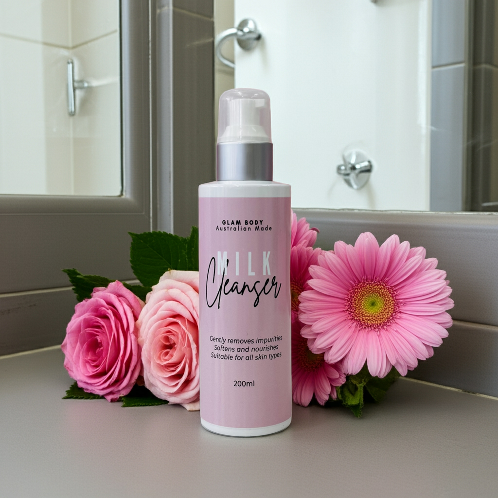 Bottle of 'Milk Cleanser' with pink flowers on a bathroom counter