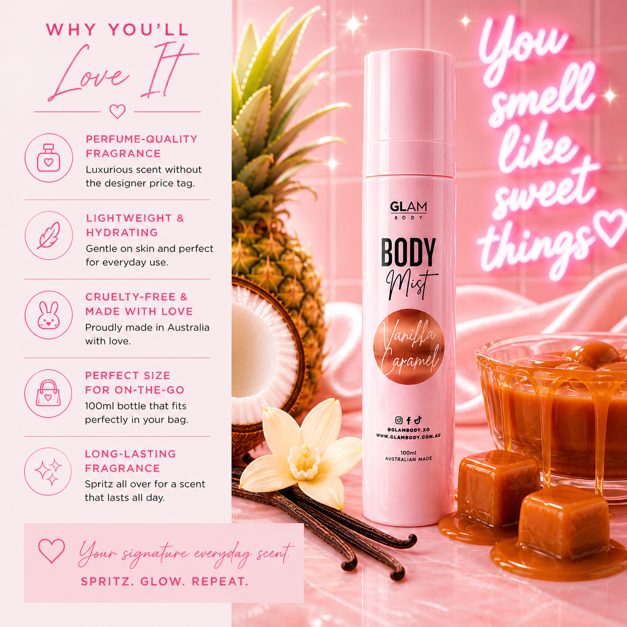 Glam Body mist bottle with vanilla, pineapple, and caramel elements on a pink background