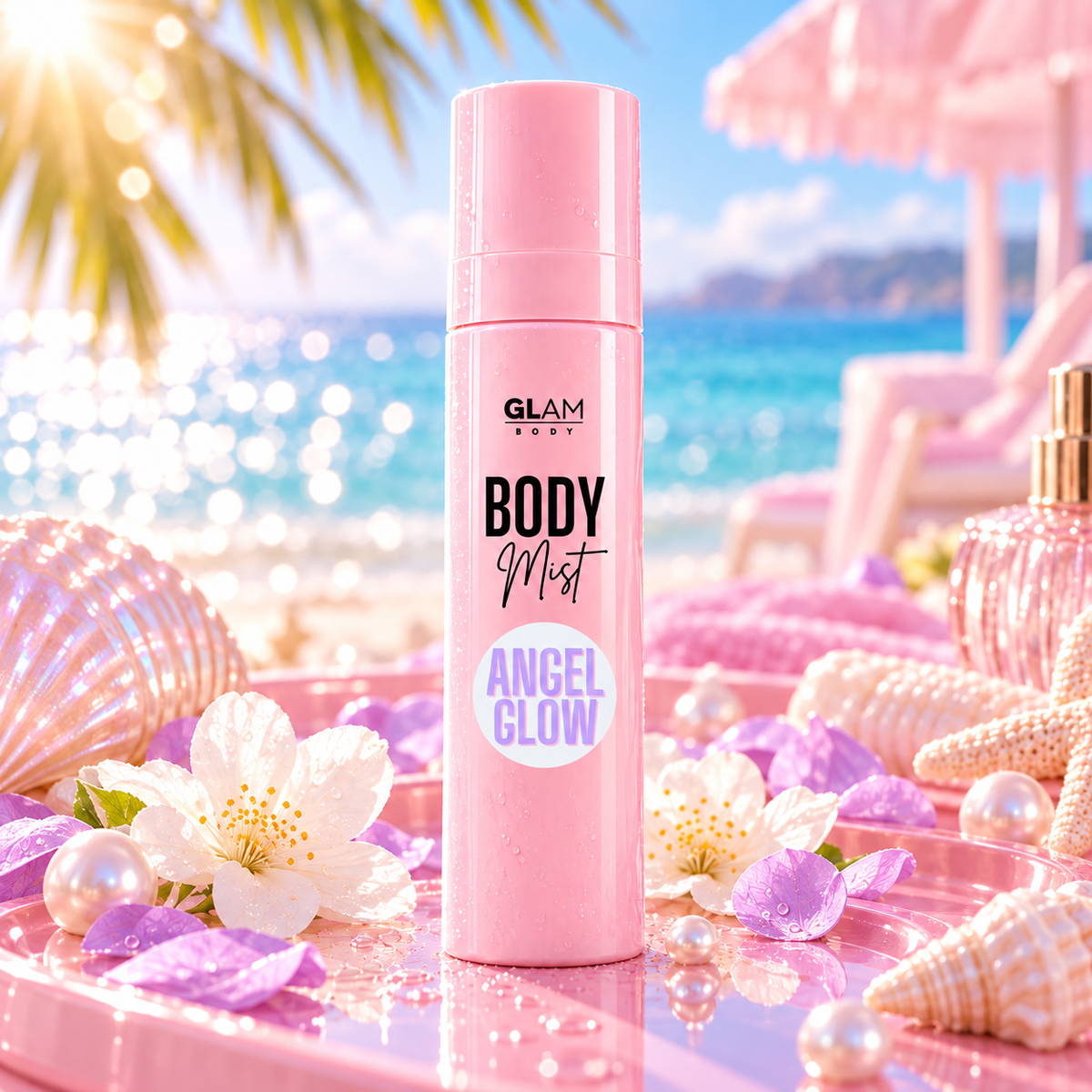 A pink cylindrical bottle of GLAM GOODY BODY Mist labeled 'Angel Glow' is centered on a reflective pink surface, surrounded by seashells, pearls, flowers, and a blurred beach scene in the background.