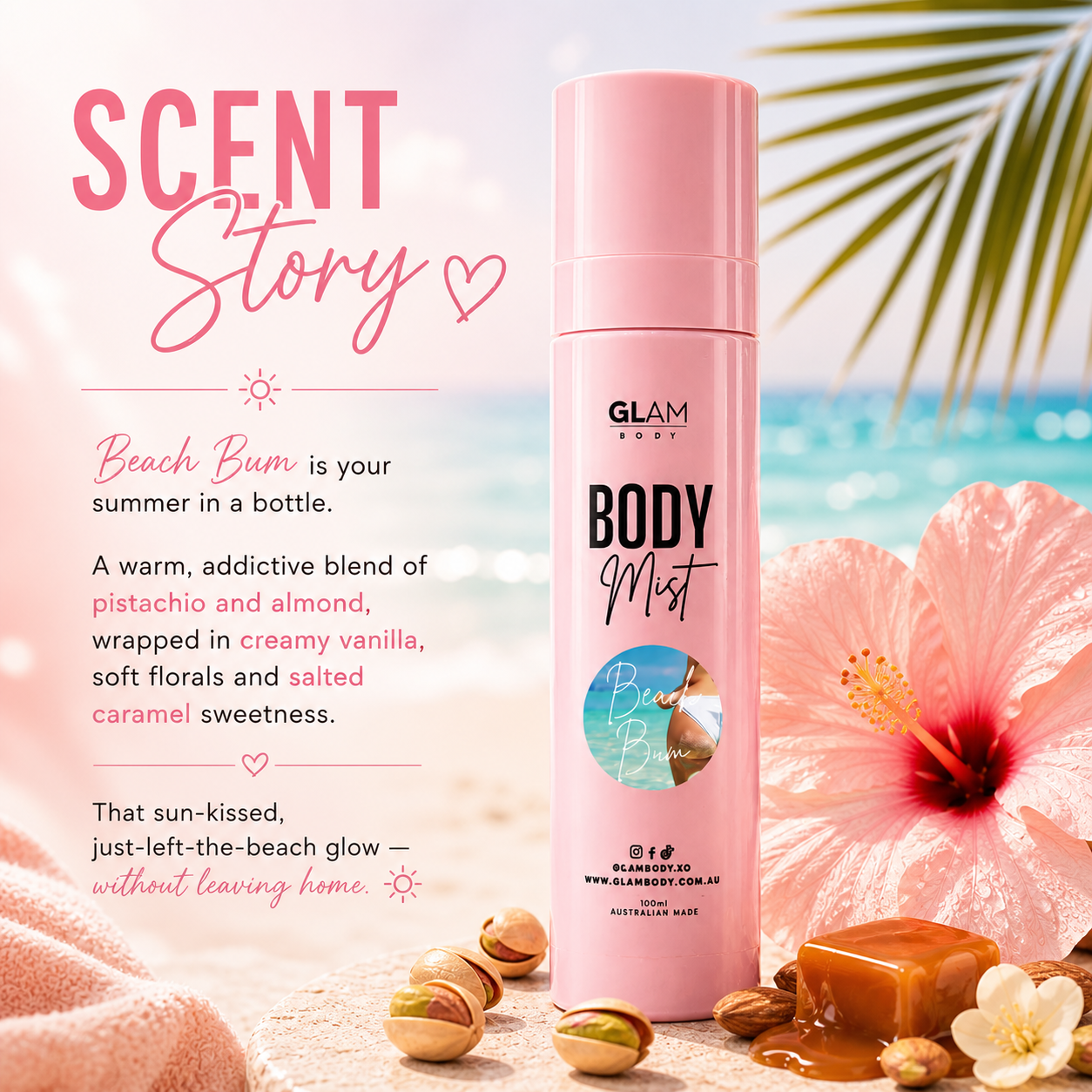 Pink body mist bottle with beach-themed description and tropical elements on a white background