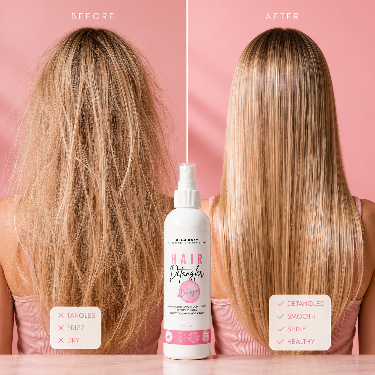Before and after comparison of hair detangler use with a bottle in the center.