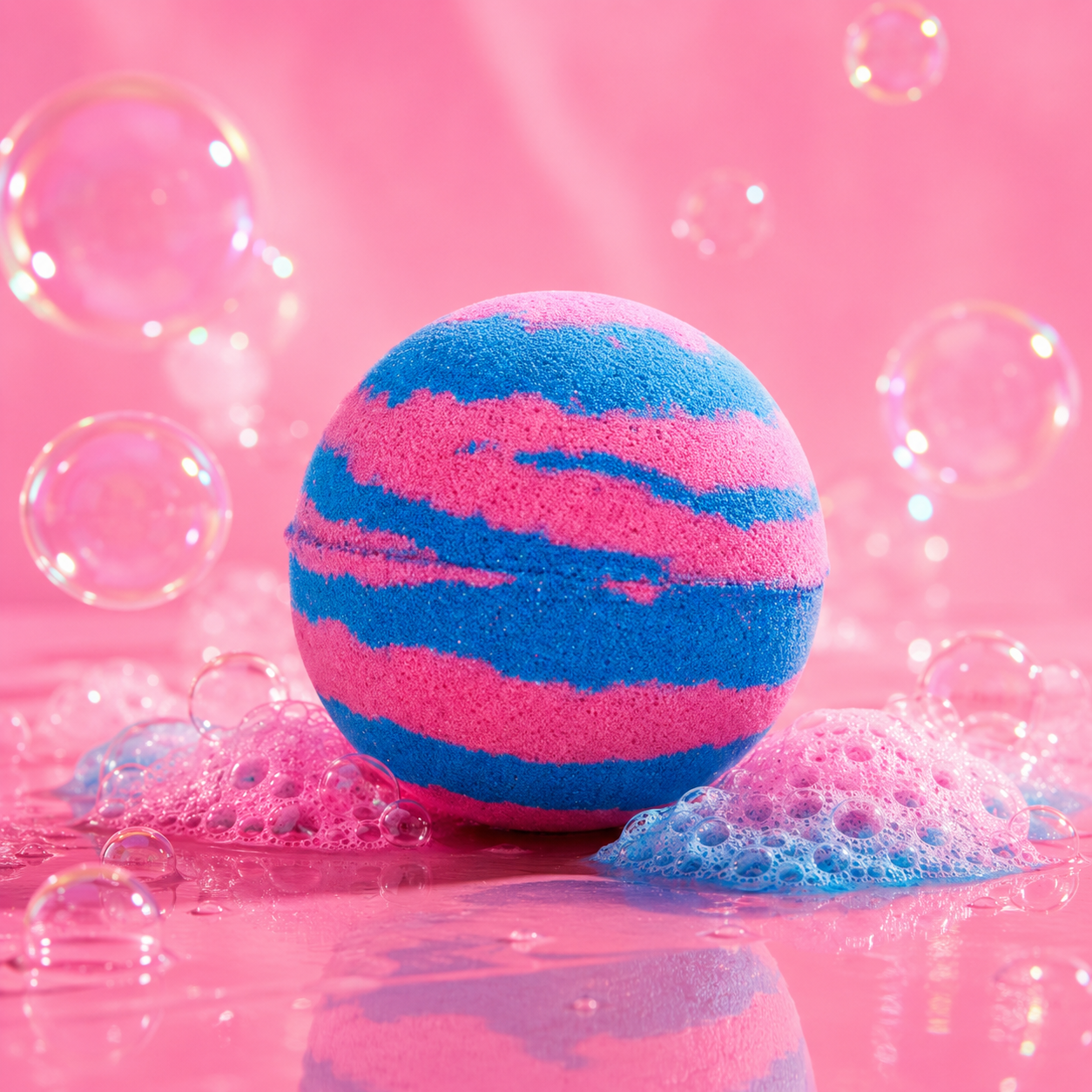 Pink and blue striped bath bomb with bubbles on a pink background