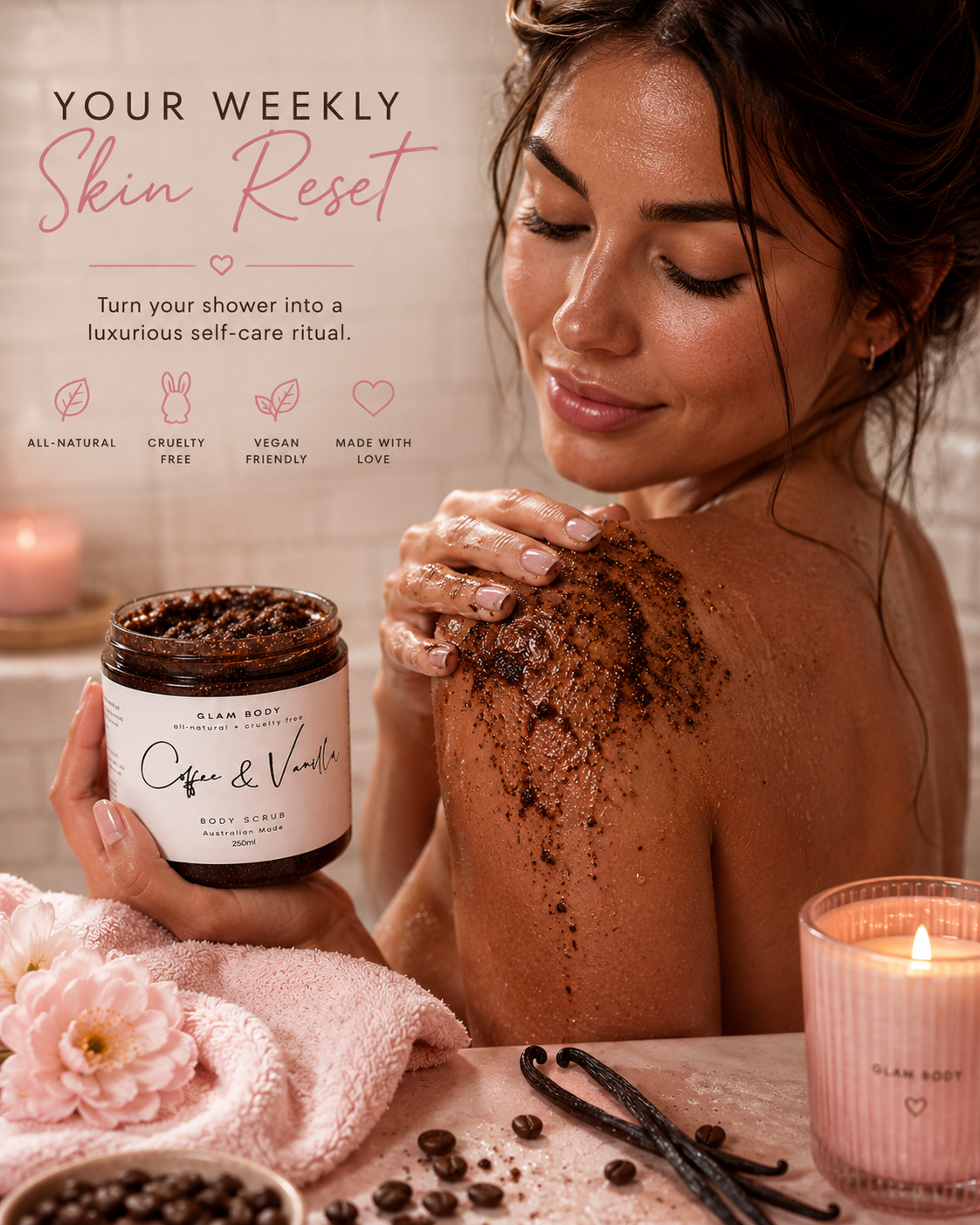 Woman applying coffee and vanilla scrub to her skin with a jar of scrub and candles in the background.