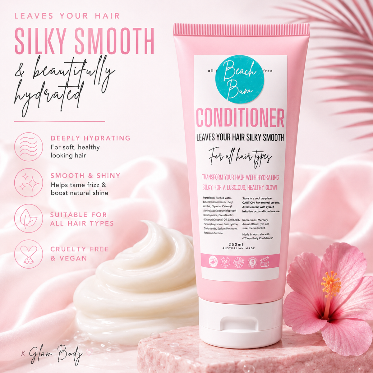 A pink tube of Beach Bunn Conditioner is shown on a pink promotional background with text callouts and a swirl of white conditioner cream. A pink hibiscus flower appears in the lower right corner.