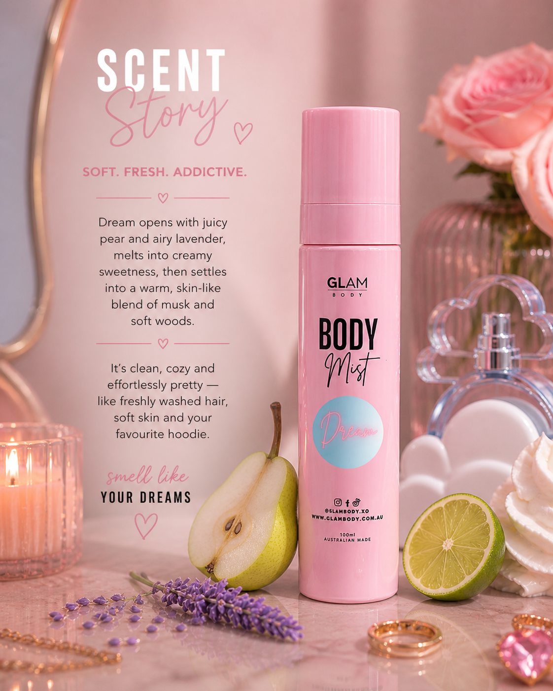 Pink body mist bottle with decorative elements on a table