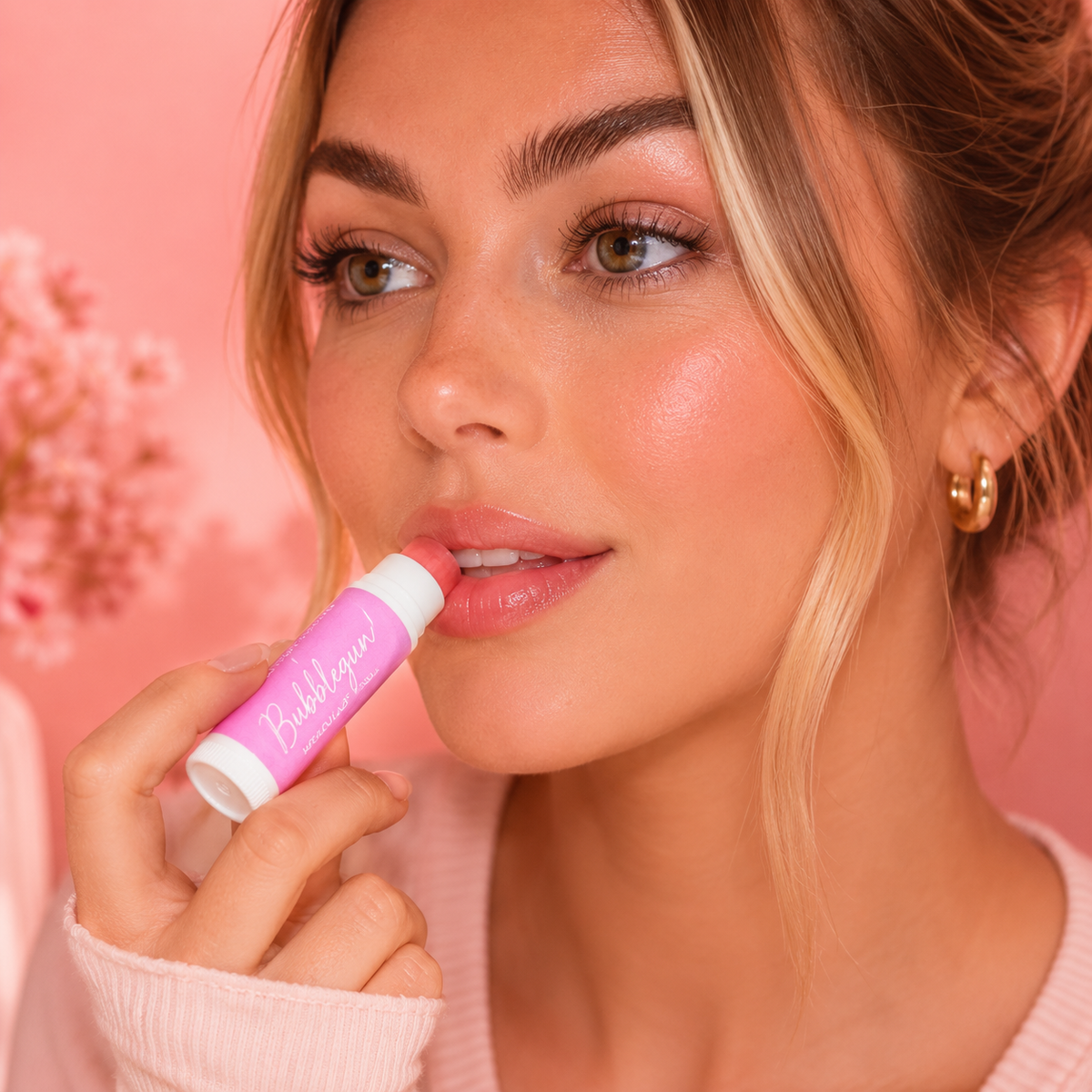 Woman applying a pink lip balm with a blurred floral background