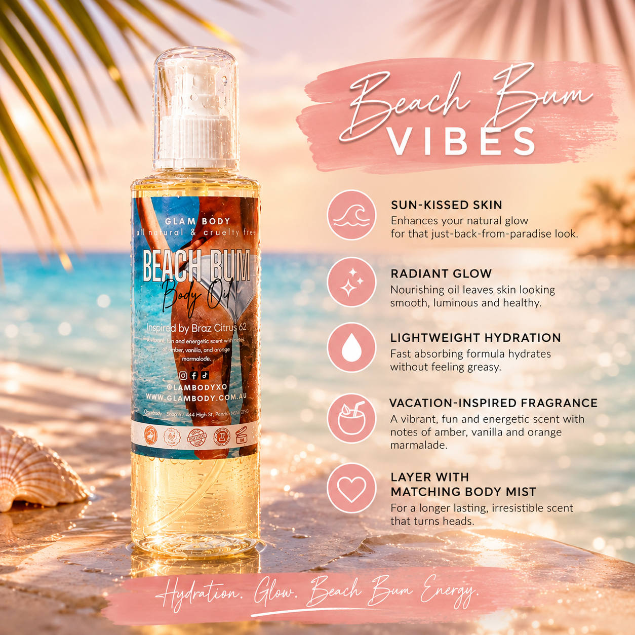 Body oil bottle with 'Beach Bum Vibes' label on a beach background
