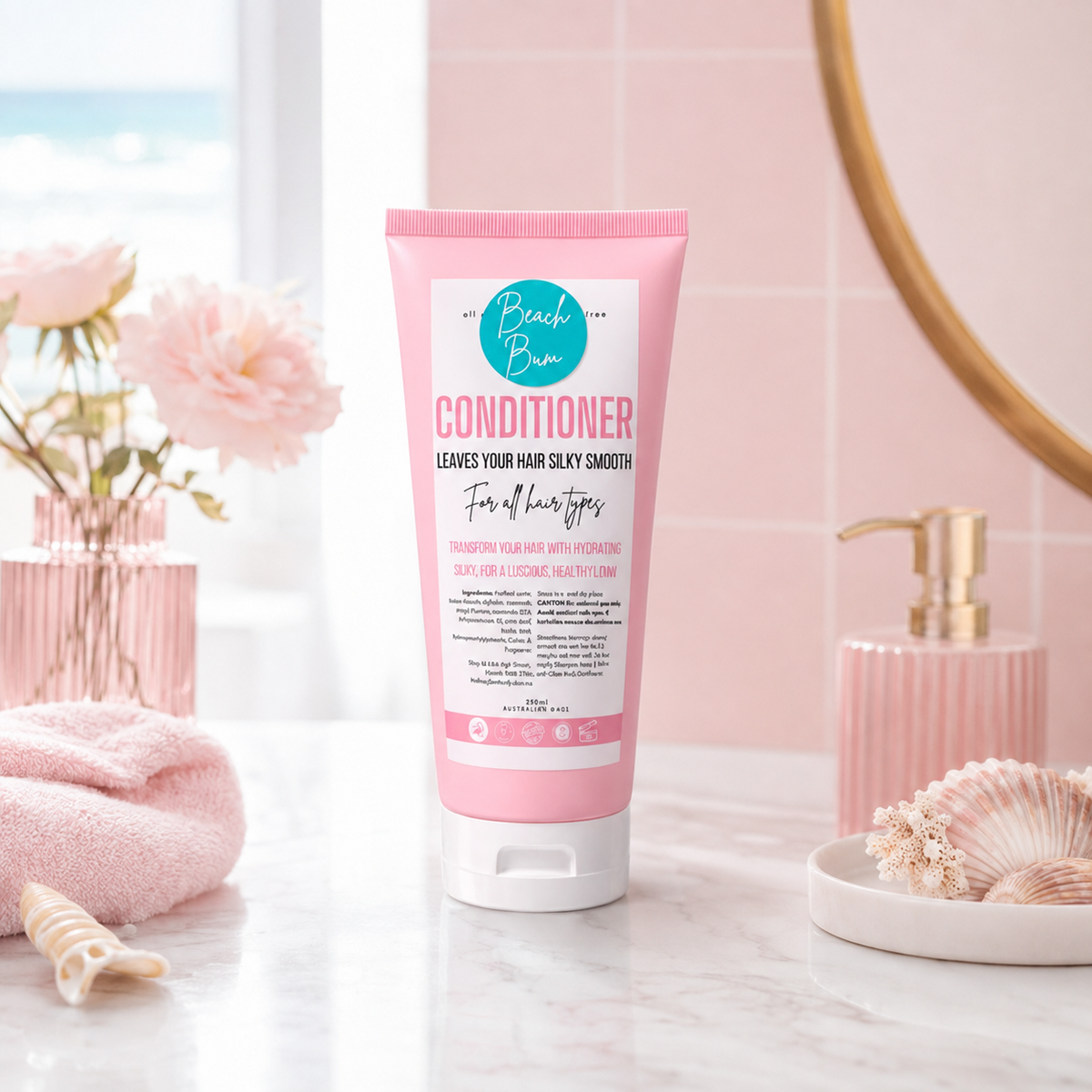 A pink tube of Beach Bunn Conditioner stands on a marble countertop in a bathroom setting, surrounded by pink towels, seashells, a pink soap dispenser, and soft pink flowers.