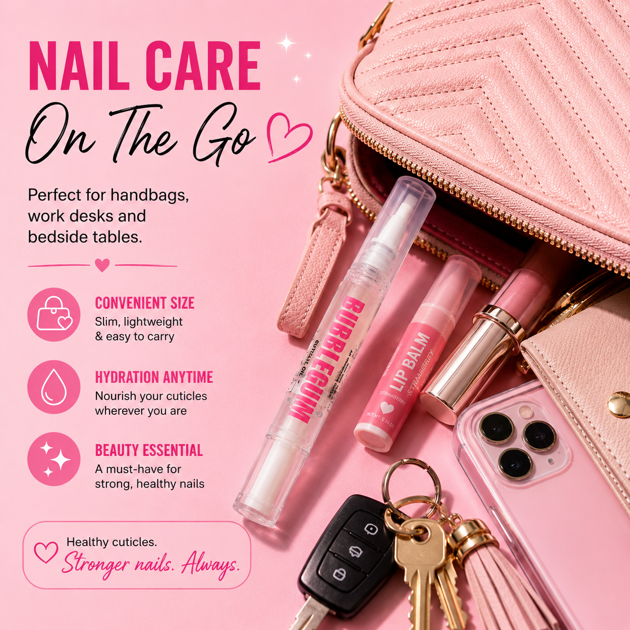 Pink nail care set with lip balm, phone, keys, and car remote on a pink background.
