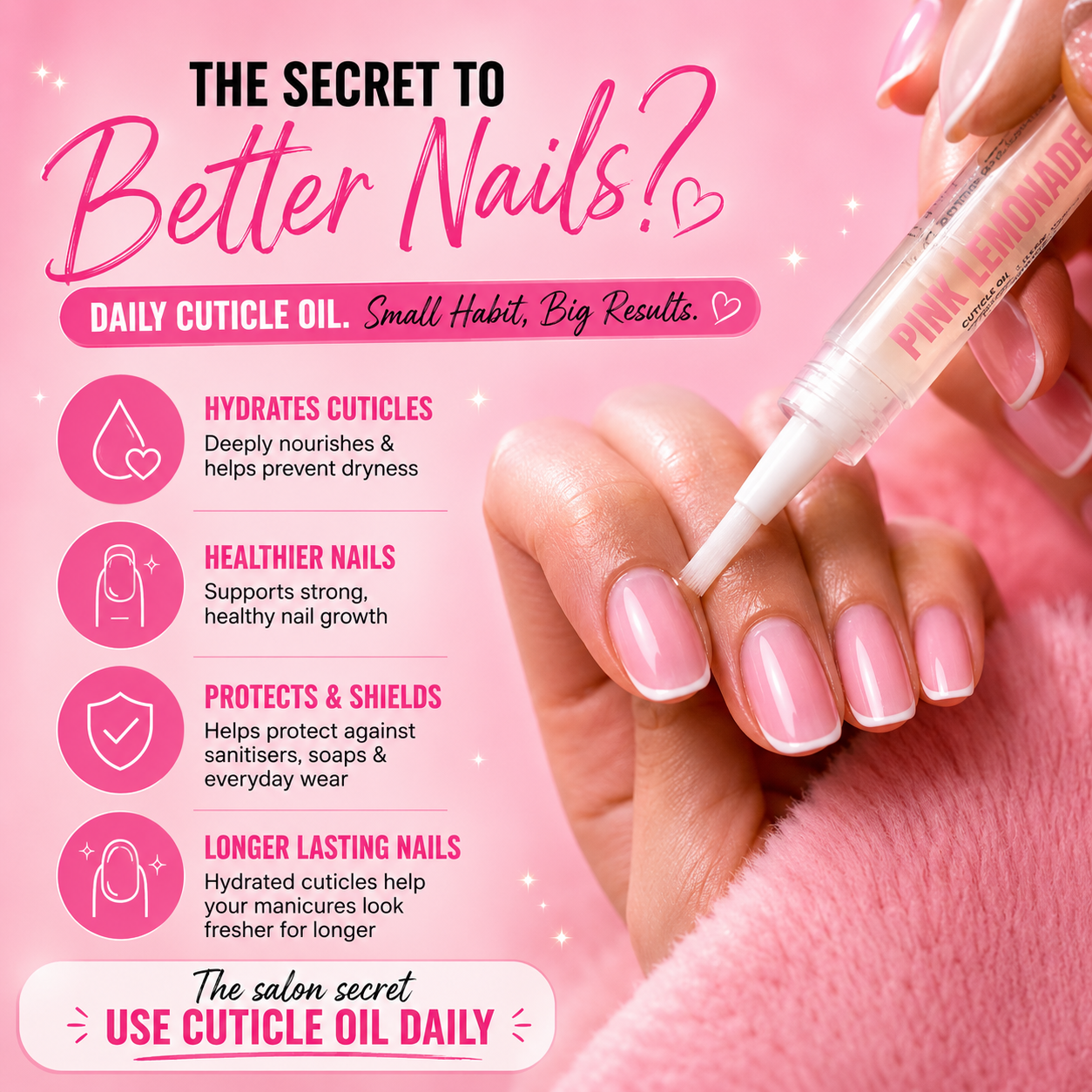 Advertisement for cuticle oil with a hand applying oil and text about benefits on a pink background.