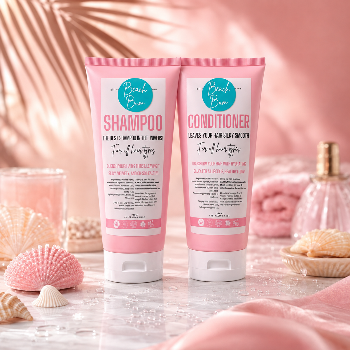 Two pink Beach Bum hair care tubes, one labeled Shampoo and one labeled Conditioner, standing upright on a pink marble surface with seashells and soft pink props in the background.