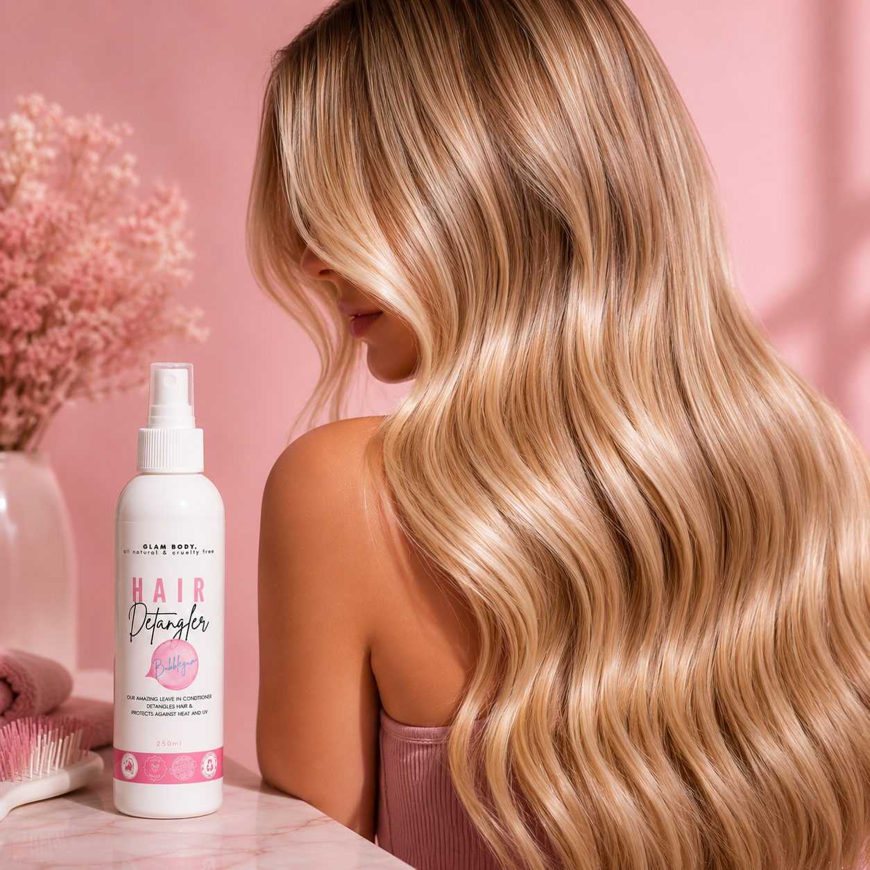 Woman with long blonde hair next to a bottle of hair product on a pink background