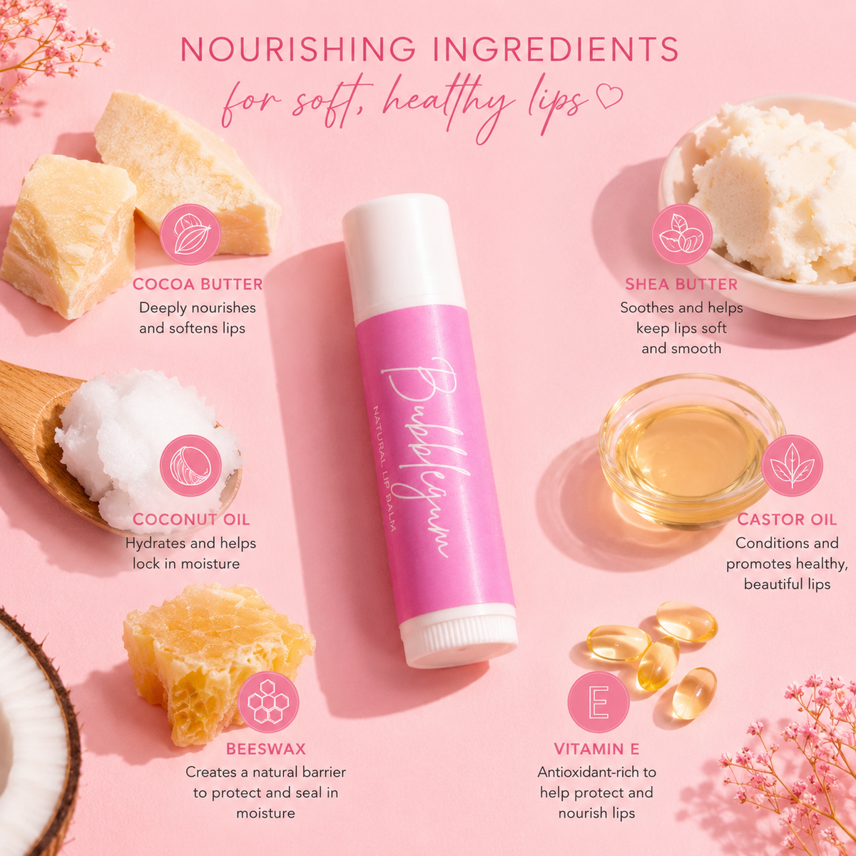 Lip balm with nourishing ingredients on a pink background