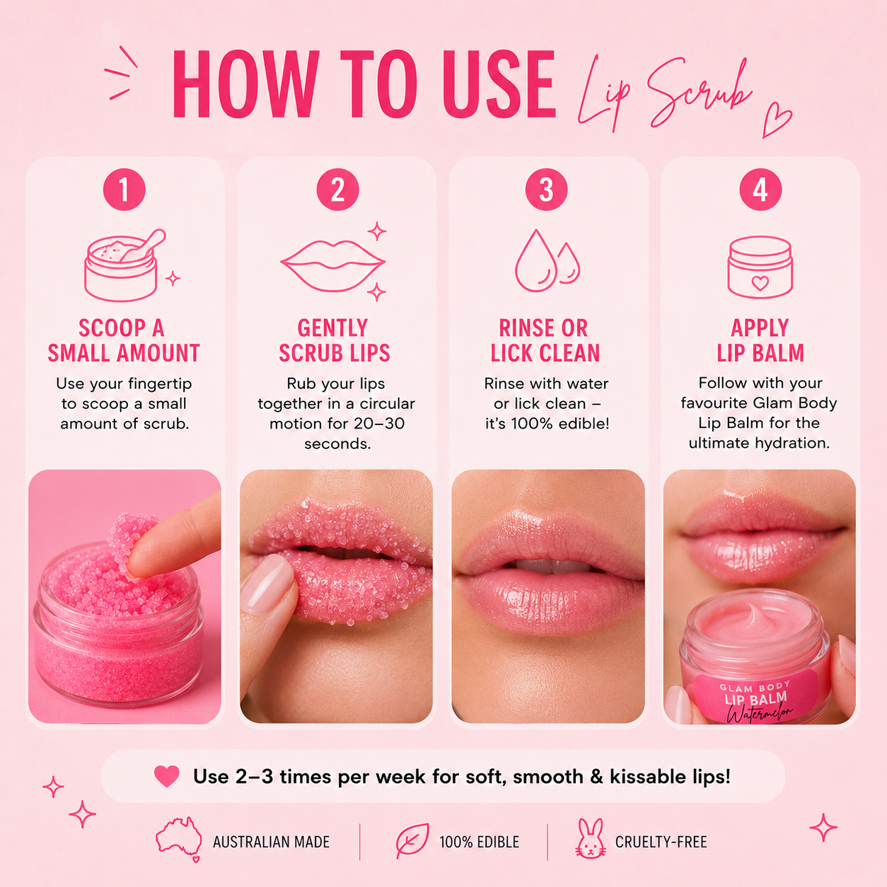 Step-by-step guide on how to use a lip scrub with pink background and text.