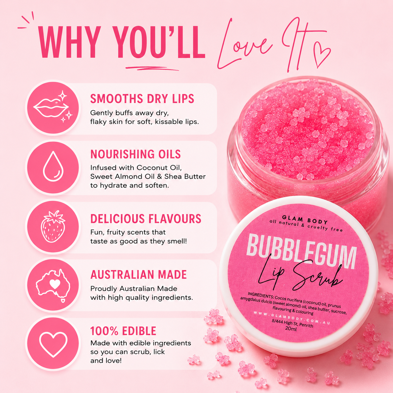 Glam Body Bubblegum Lip Scrub with product details on a pink background