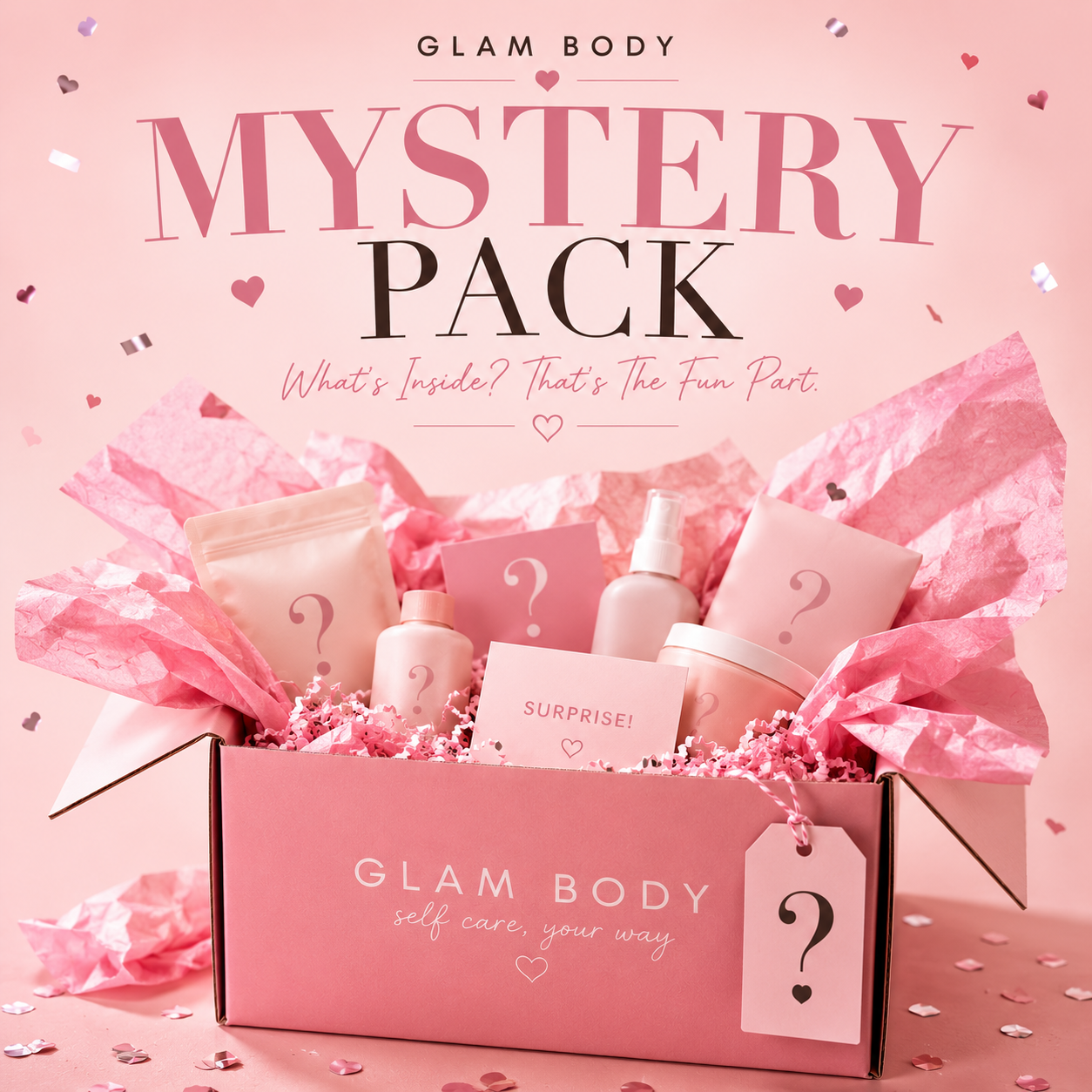 Pink 'Glam Body' mystery pack with self-care items on a pink background