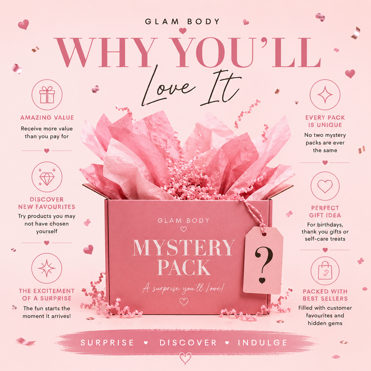 Glam Body mystery pack with pink tissue paper on a pink background