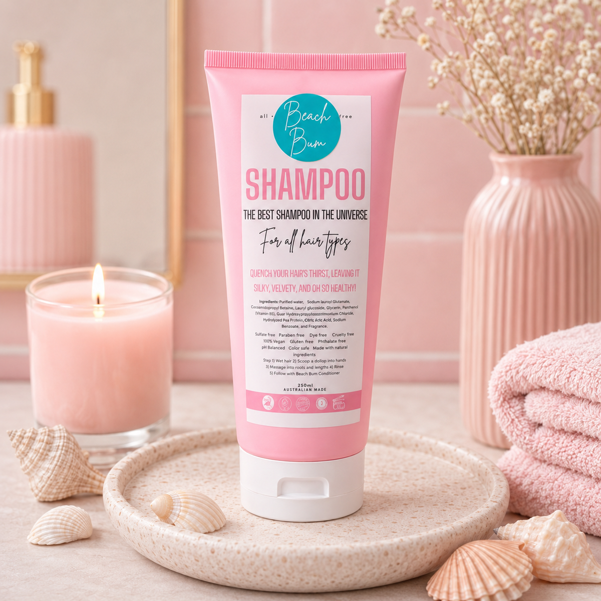 A pink squeeze tube of Beach Bum Shampoo stands on a round tray, surrounded by a lit candle, seashells, folded pink towels, and a vase of dried flowers in a soft pink bathroom-style setting.
