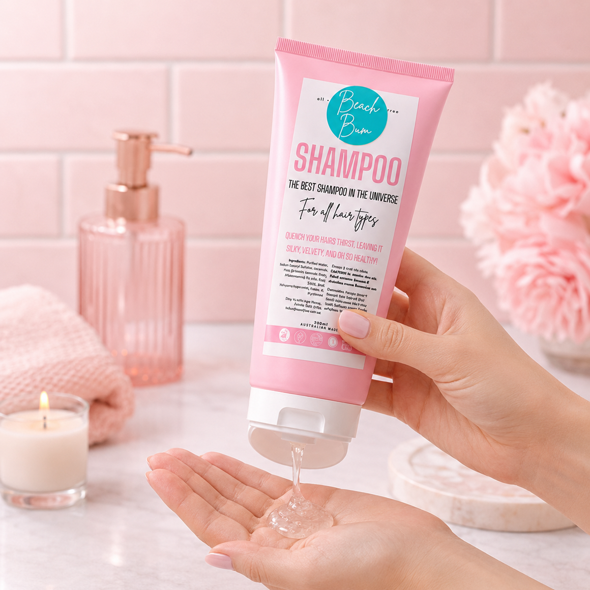 A hand holds a pink tube of Beach Baa Shampoo, dispensing clear gel into another hand, set against a soft pink bathroom background with a candle, pink bottle, and flowers.