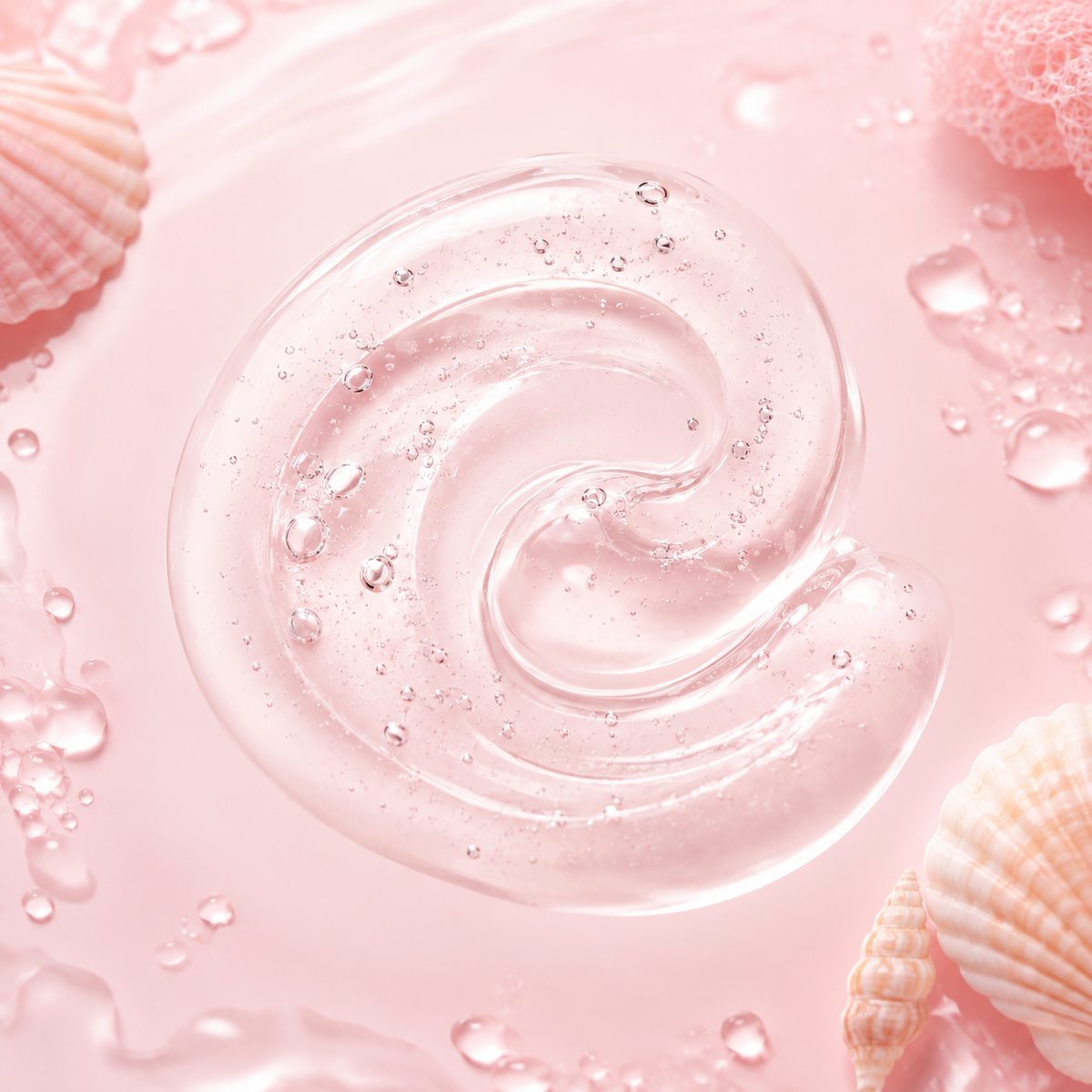A swirl of translucent pink cosmetic gel or serum on a soft pink surface, surrounded by small seashells and water droplets.