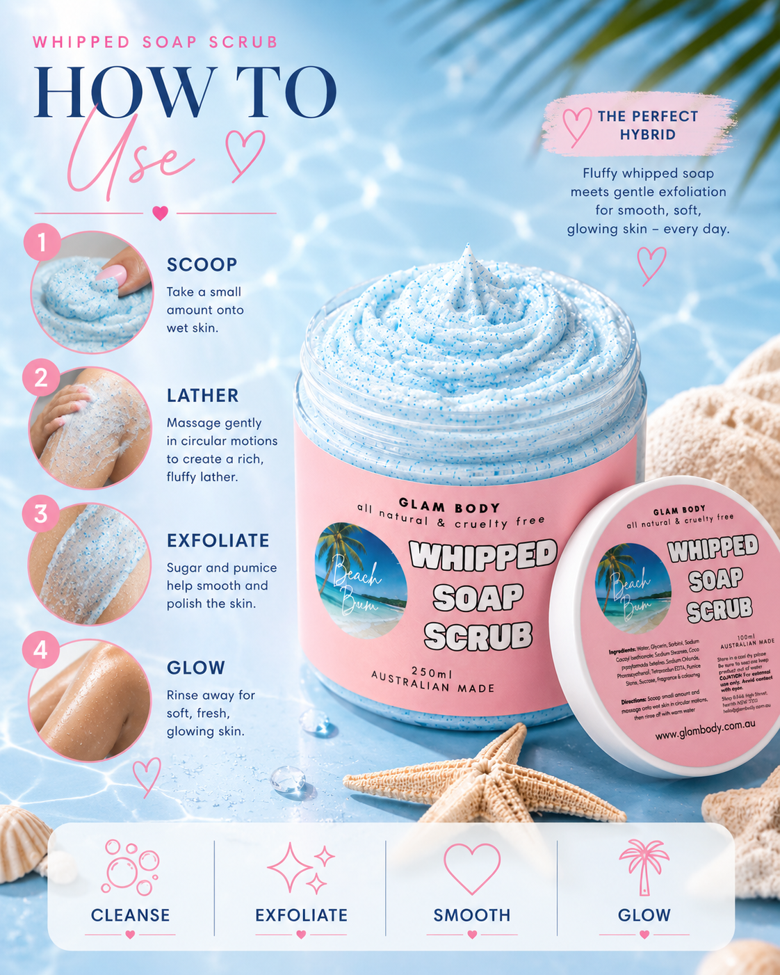 Glam Body Whipped Soap Scrub with usage instructions on a blue background