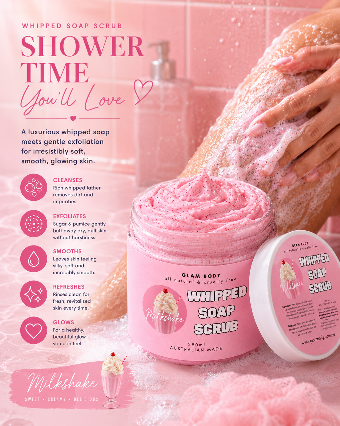 Pink whipped soap scrub with a person using it, set against a pink tiled shower background.