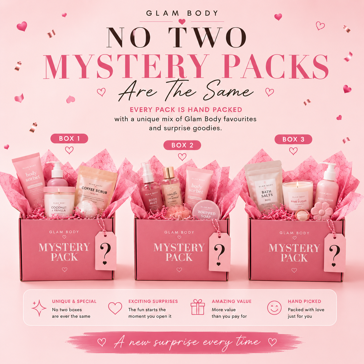 Glam Body mystery packs with pink packaging and product display on a pink background