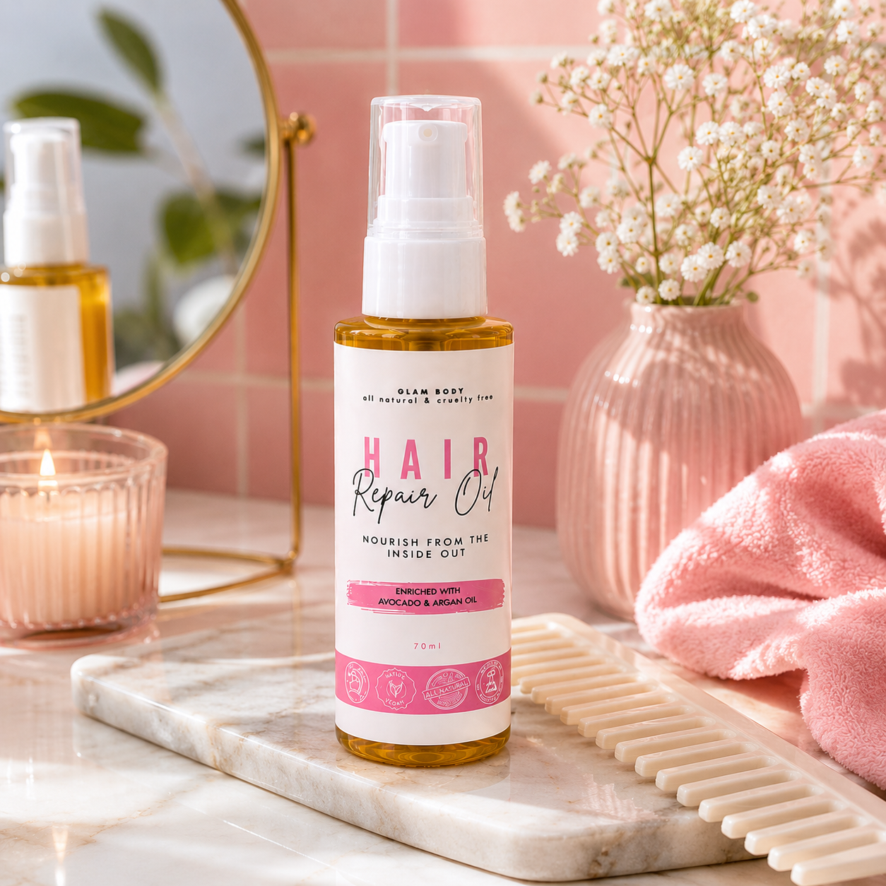 A bottle of Hair Repair Oil by Glow Root stands on a marble tray in a styled bathroom setting with pink tiles, a pink towel, a comb, a candle, and a vase of baby's breath.