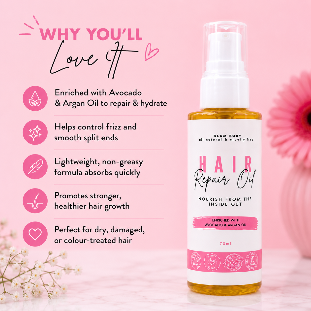 A bottle of Glam Romy Hair Repair Oil on a pink background with promotional text listing benefits such as avocado and argan oil enrichment, lightweight formula, and suitability for dry or color-treated hair.