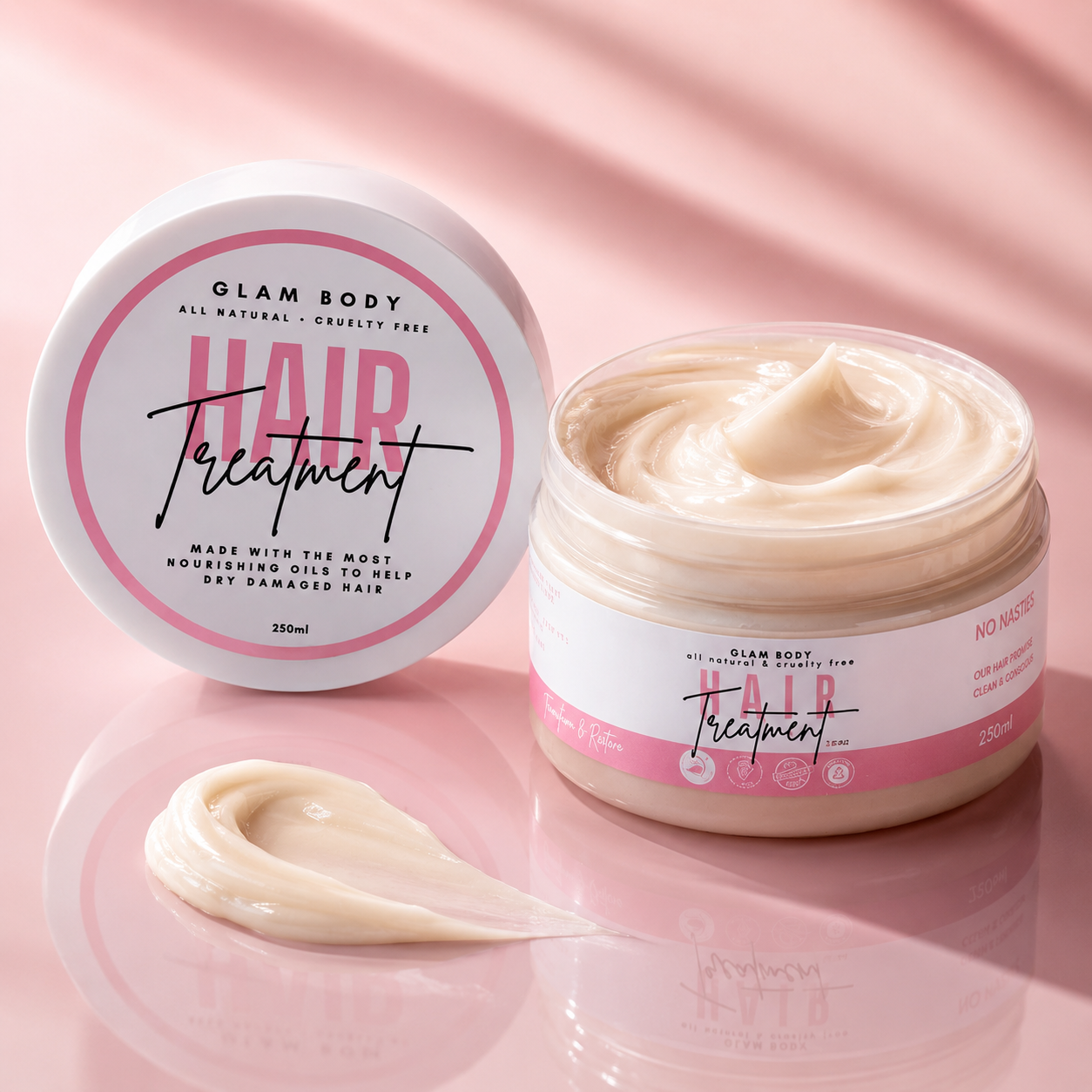 Glam Body hair treatment jar with pink label on a pink background