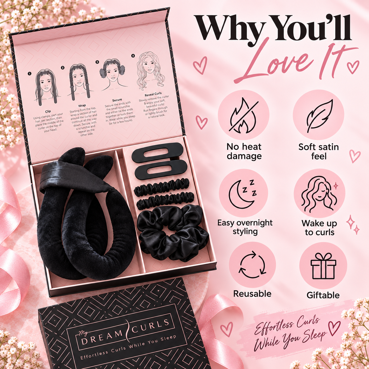 The Dream Curls hair care gift set displayed in an open pink box with a black velvet curl headband, scrunchies, and hair care accessories, alongside marketing text and icons on a pink glitter background.