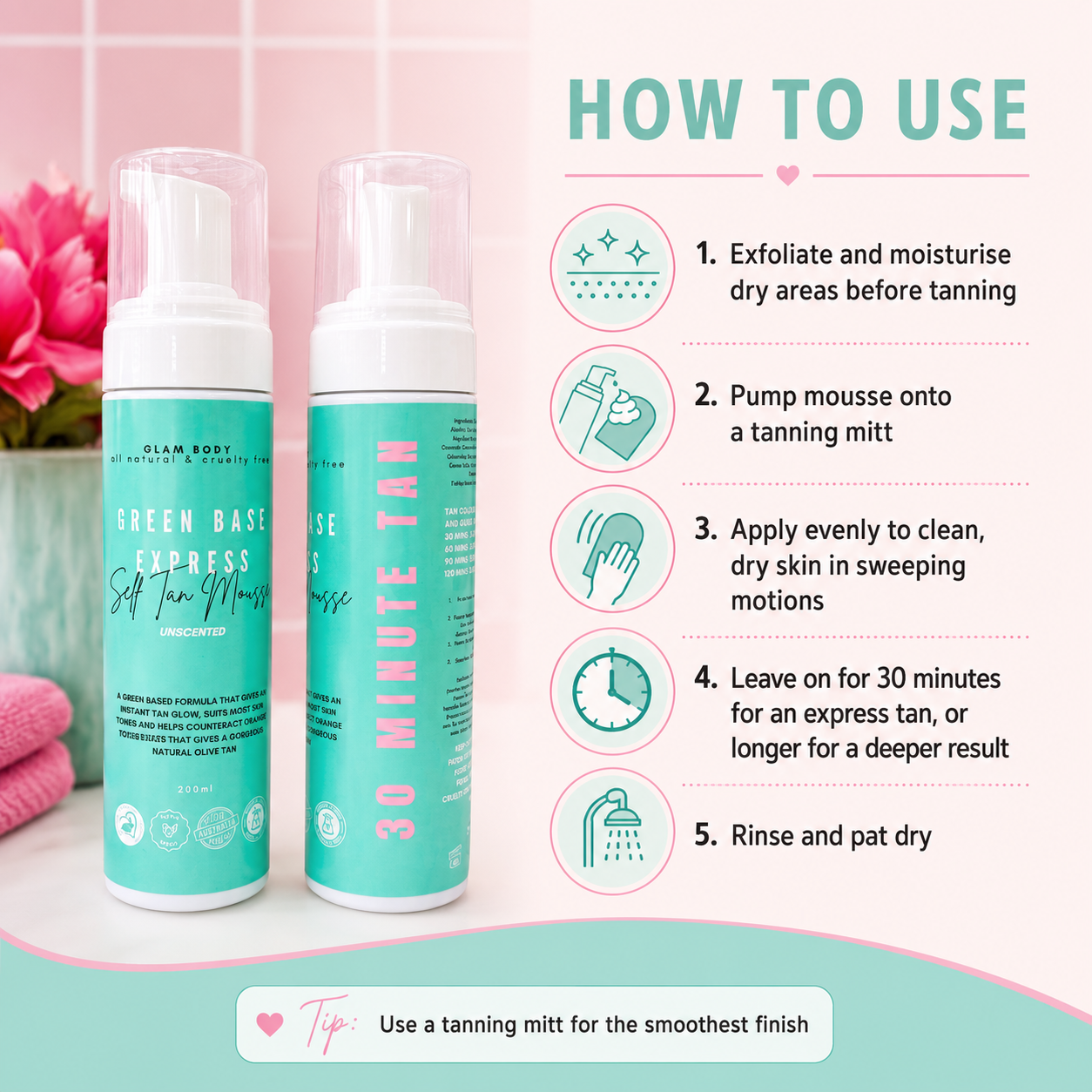 Two bottles of Green Base Express Soft Tan Mousse by Clean Body Cosmetics displayed next to a 'How to Use' guide with illustrated icons on a pastel pink and mint green background.