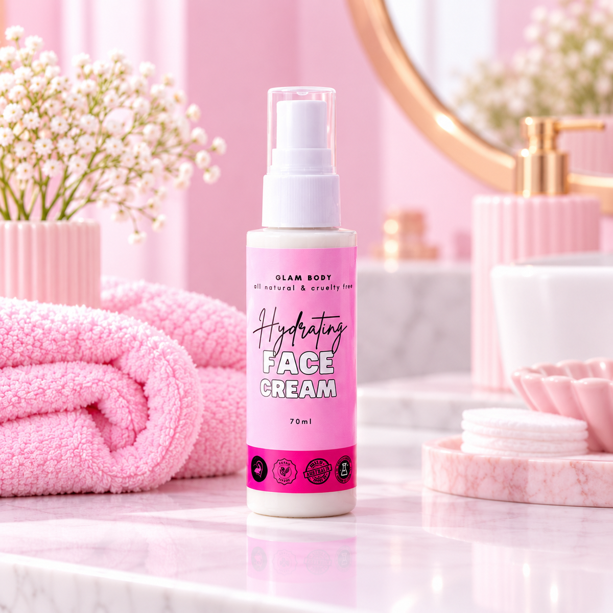 A bottle of Glam Body Hydrating Face Cream stands on a marble countertop in a pink bathroom setting, with a pink towel, flowers, and pink-toned toiletries around it.