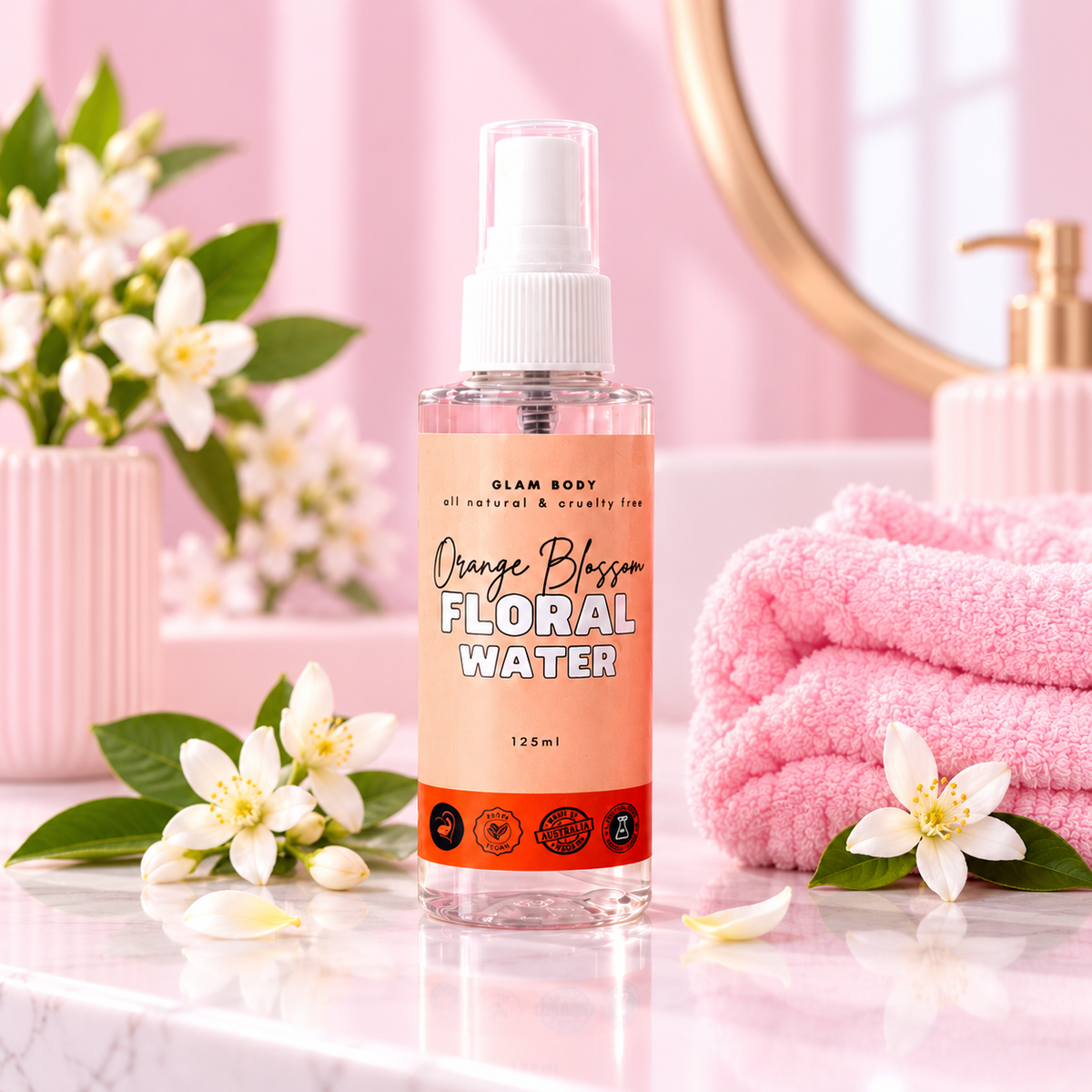 A bottle of Glam Body Orange Blossom Floral Water stands on a white marble surface in a bathroom setting with pink towels, white flowers, and a pink mirror in the background.