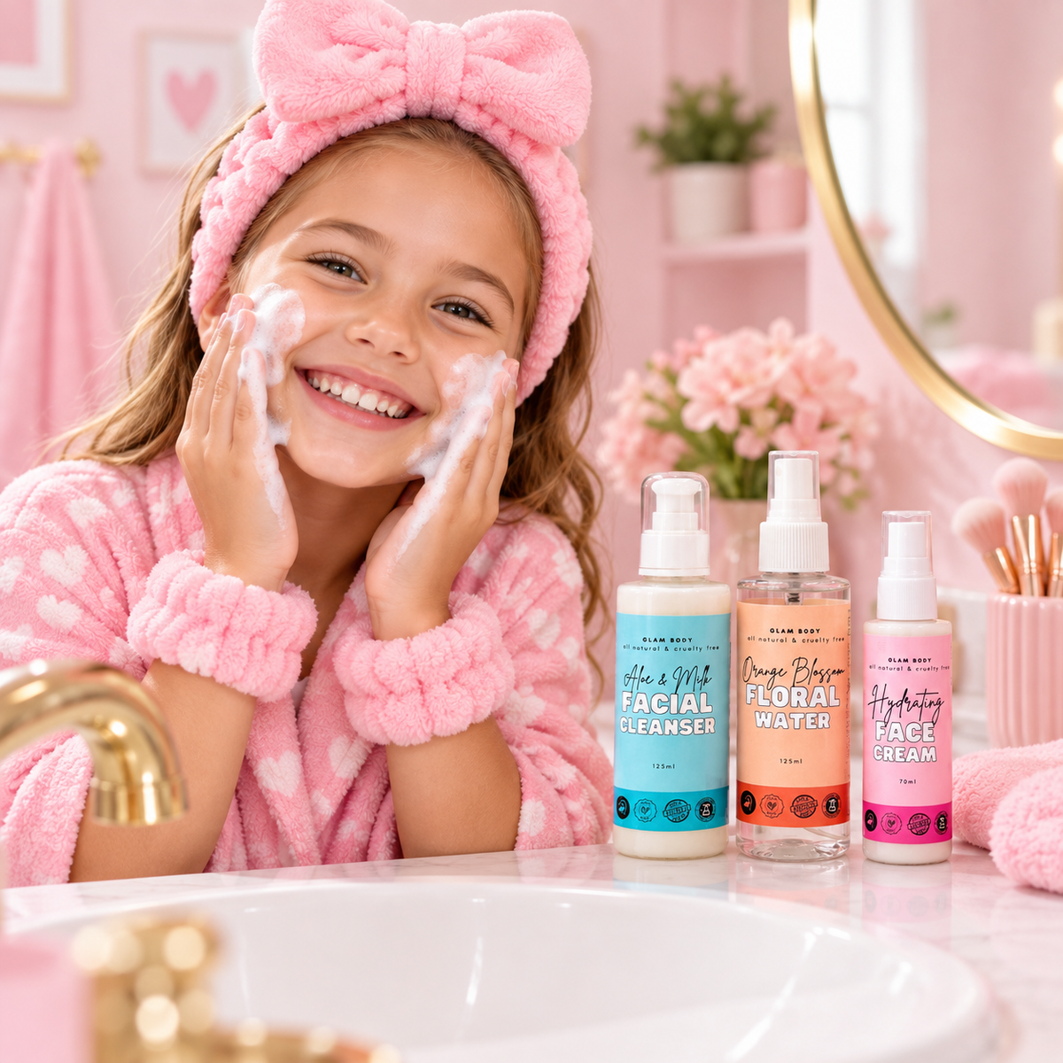 A young girl smiling in a pink robe and matching headband, washing her face with foam in a pink bathroom setting. Three facial care spray bottles are lined up on the counter in front of her.
