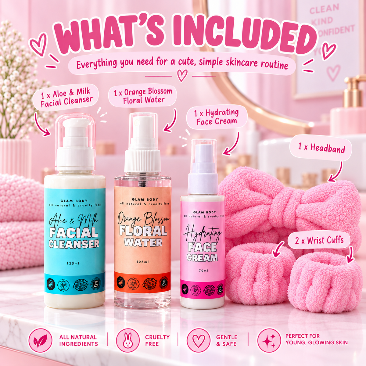 Three skincare bottles from Glam Root are displayed with pink hand towels and a pink plush face mask on a marble surface, surrounded by text callouts listing included items such as facial cleanser, floral water, face cream, headband, and wrist cuffs.