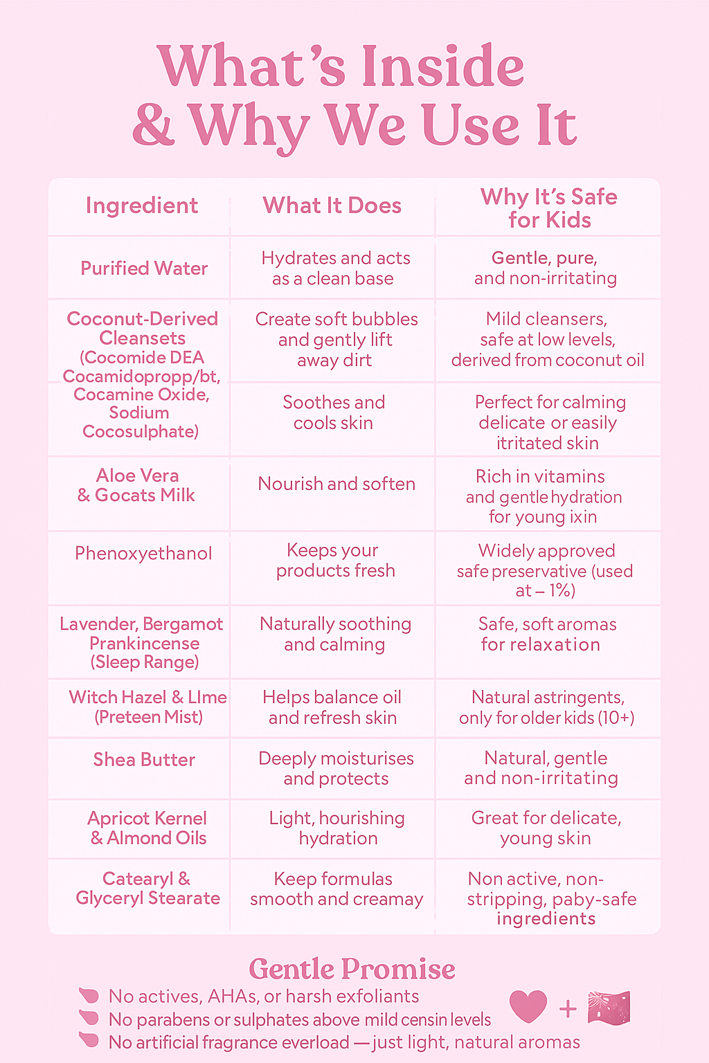 Product safety information sheet with ingredients and their uses on a pink background