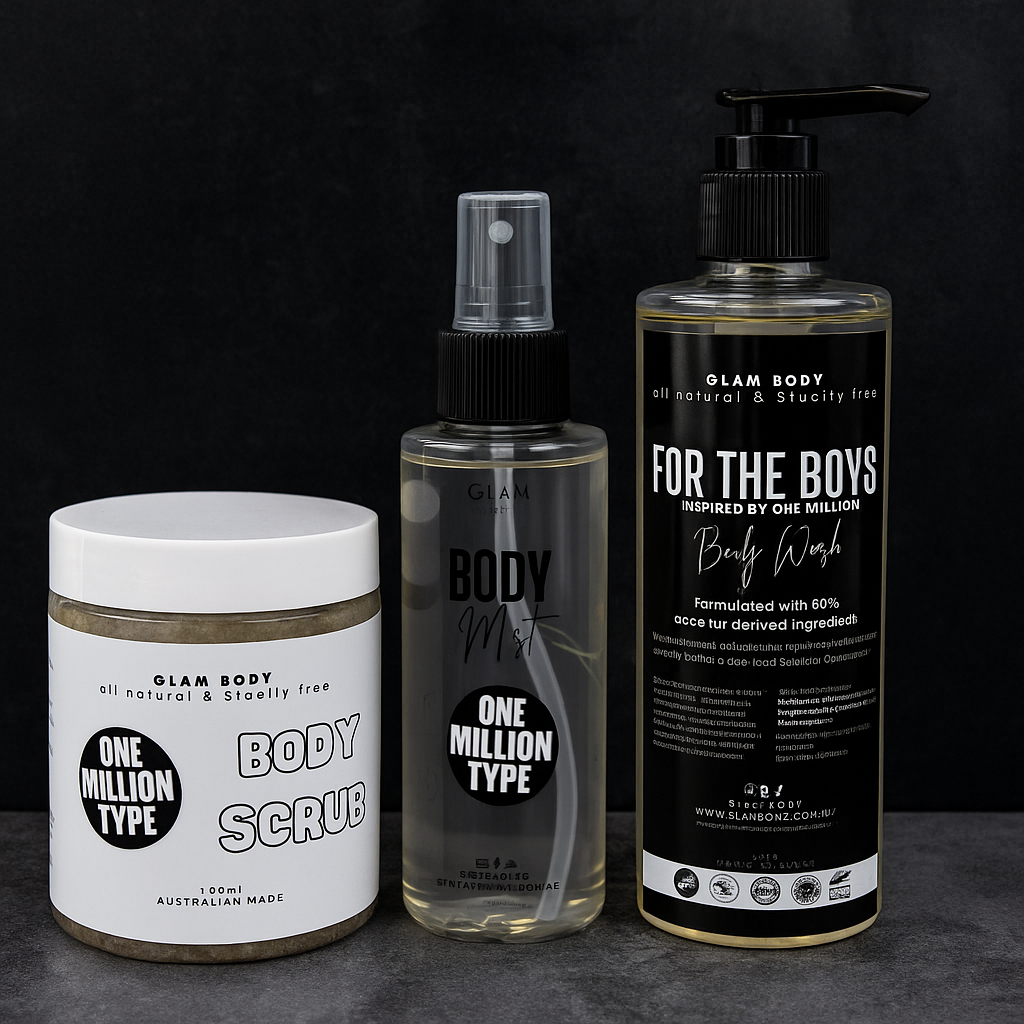 Three skincare products from One Million Type on a dark background