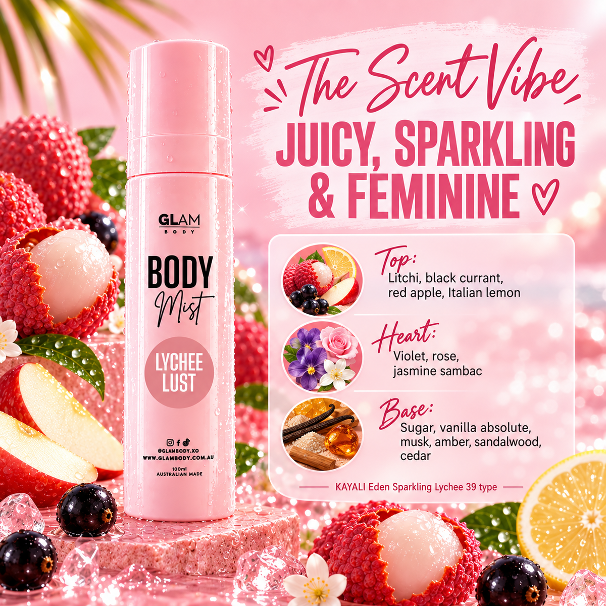 A pink cylindrical body mist bottle labeled 'GLAM BODY BODY Mist Lychee Lust' stands on a pink icy surface surrounded by lychee fruits, berries, and citrus slices. A large text panel on the right describes the scent as juicy, sparkling, and feminine with listed fragrance notes.