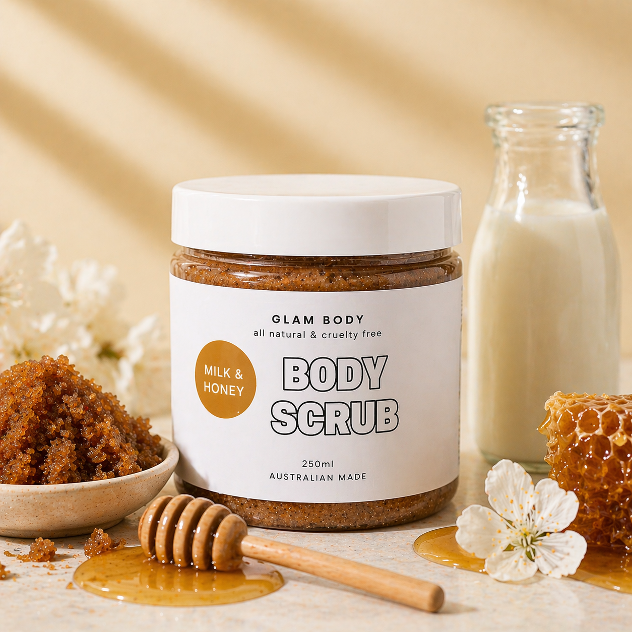 Glam Body Milk & Honey body scrub jar with honey, milk, and flowers on a beige background
