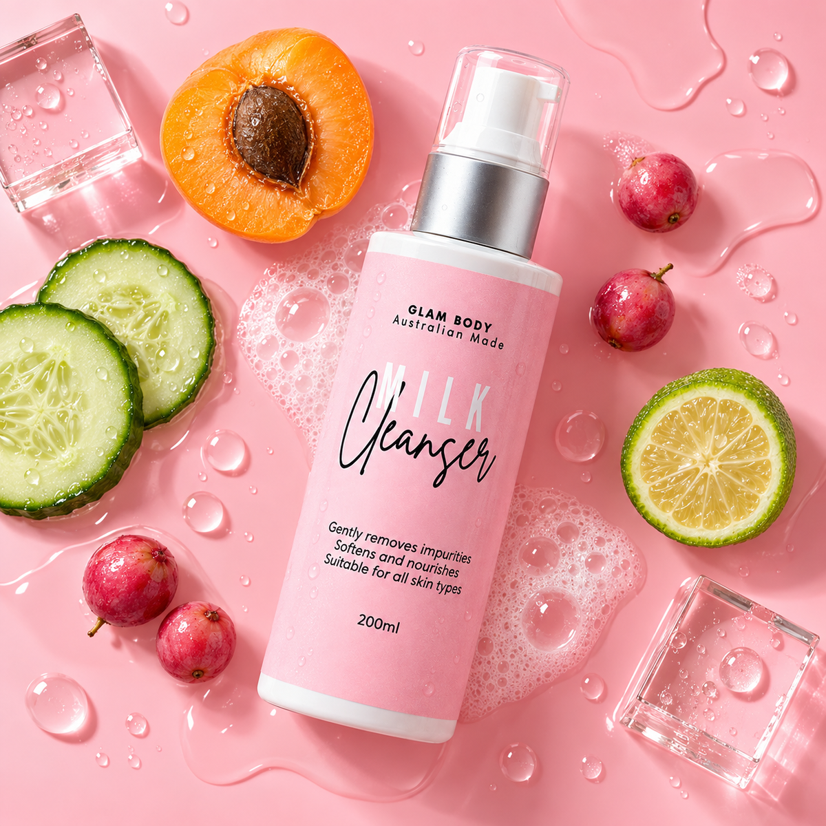 A pink bottle of Glam Body Australian Made Milk Cleanser with a silver pump, styled on a pink surface with water droplets, surrounded by fresh cucumber slices, a halved apricot, lime slices, and small red fruits.