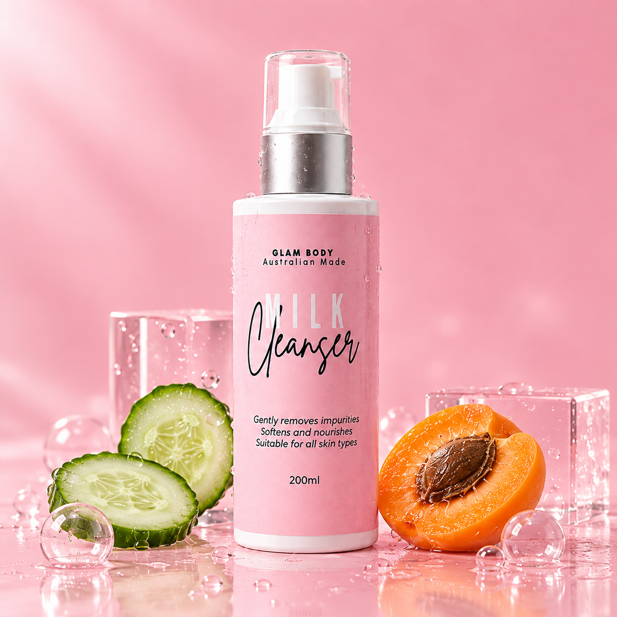 A 200ml bottle of Glam Body Australian Made Milk Cleanser, styled with cucumber slices, a halved apricot, and clear ice cubes on a reflective pink surface against a pink background.