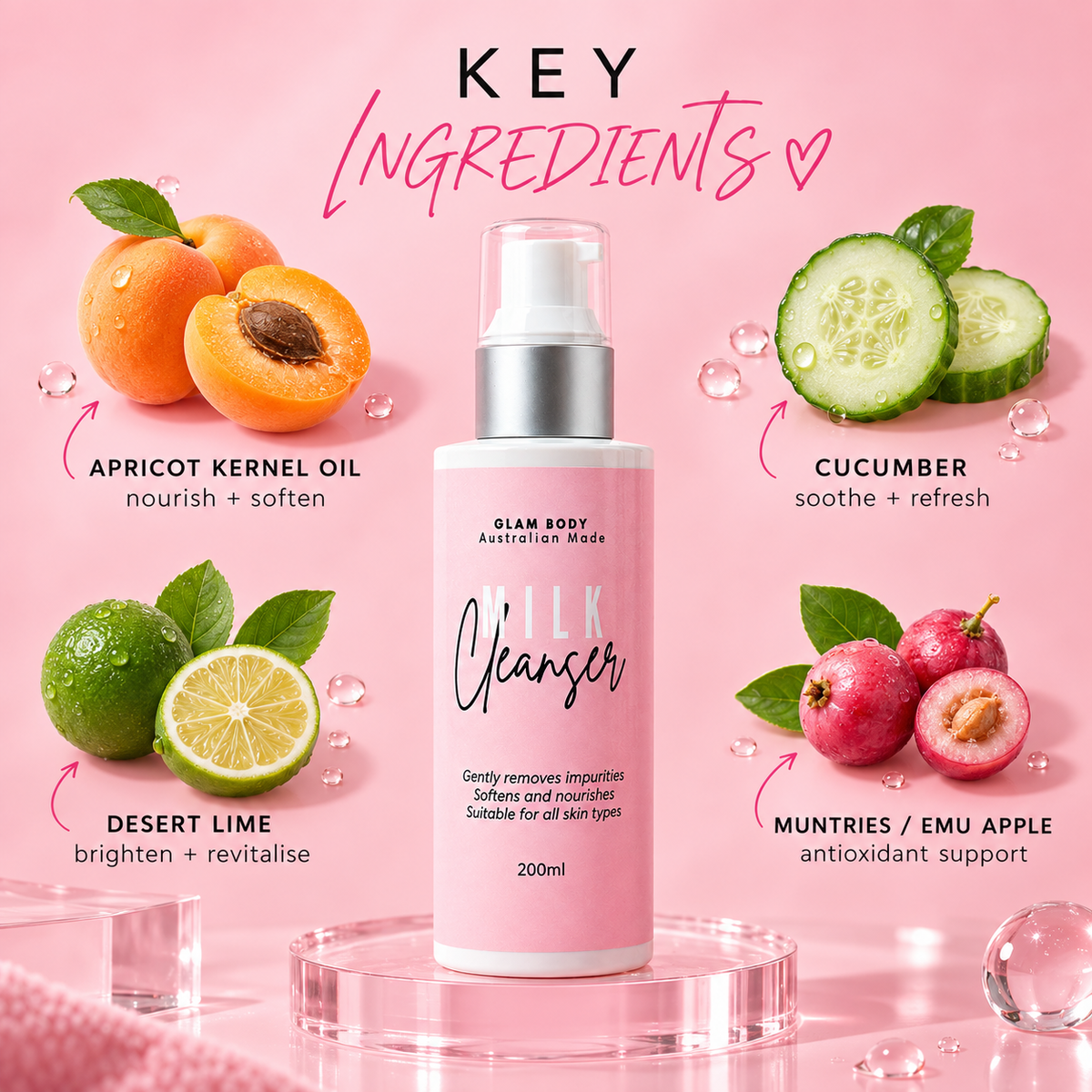 A pink skincare cleanser bottle labeled 'GLAM BODY Australian Made Silk Cleanser 200ml' centered on a pink promotional graphic with ingredient callouts for apricot kernel oil, cucumber, desert lime, and muntries/emu apple.